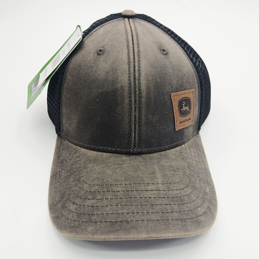 John Deere Brown and Black Leather Patch Trucker Hat